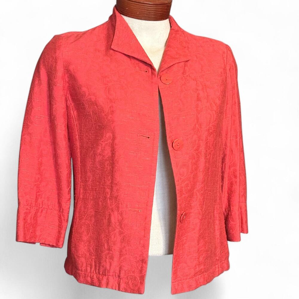 Coldwater Creek Casual Jacket Blazer Size Medium Red Brocade 3/4 Sleeve Pockets